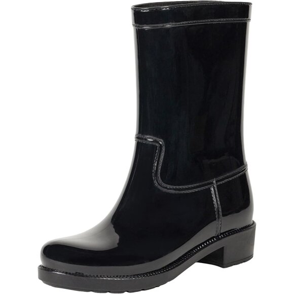 Women's Black Round Toe Stella Mid Shaft Imported Pvc Pull On Solid Rain Boots